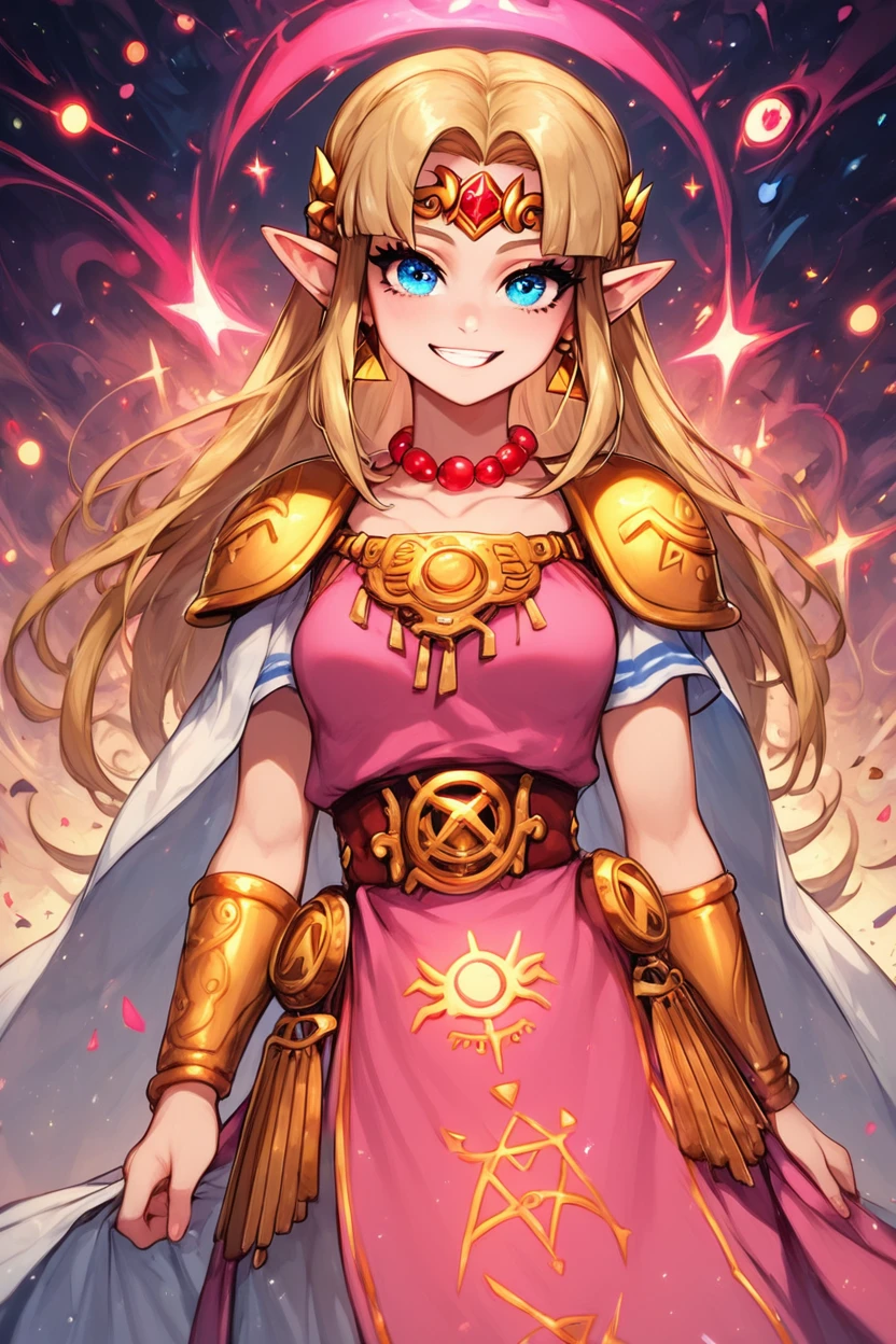 score_9, score_8_up, score_8, medium breasts, (curvy), cute, eyelashes,       BREAK, , BREAK, <lora:UltimatePrincessZelda_PDXL_v1:0.8>, zzUZelda, blonde hair, jewelry, dress, pink tabard, triforce, circlet, armor, earrings, necklace, shoulder armor, tiara,, <lora:Occult_Oculi_Magic_PDXL:1.0>,  occultoculi, , BREAK,  smile, looking at viewer, cowboy shot,  embedding:zPDXL, Expressiveh, <lora:SDXLFaeTastic2400:0.5>,  <lora:Expressive_H-000001:0.4>,