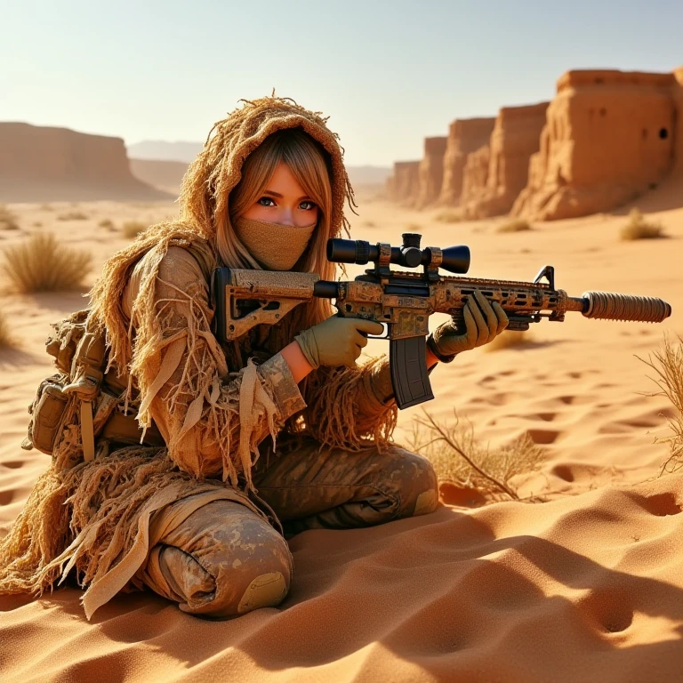 GhillieSuit,
In the midst of a vast, arid desert, a young woman crouches low, her ghillie suit expertly tailored to match the sandy, sun-scorched environment. The suit is a mix of dull browns, tans, and faded ochre, blending seamlessly with the dry, cracked earth and sparse desert vegetation around her. Strips of fabric and desert shrubbery have been carefully woven into the suit, allowing her to disappear into the shifting dunes and rocky outcrops.
Her face is partially concealed by a tan scarf, leaving only her intense, focused eyes visible beneath the brim of her desert-stained hood. The sunlight glints off her sniper rifle, which has been wrapped in a desert camo pattern, its barrel covered with strips of burlap and fabric to prevent any telltale reflection from giving away her position. A light layer of sand coats her gear, testament to the unforgiving conditions of this dry landscape.
In the background, the desert stretches endlessly, with rolling dunes and distant rocky formations baking under the harsh, golden sun. The air shimmers with heat, distorting the horizon, and the wind occasionally stirs up small dust devils, swirling in the distance. Scraggly desert plants and the occasional cactus dot the terrain, but the scene is mostly barren, an expanse of survivalist isolation.
Despite the oppressive heat, she remains calm and focused, her eyes scanning the horizon for any sign of movement. The desert is silent except for the faint whisper of wind over sand. She moves with practiced care, a part of the desert itself, blending perfectly with the harsh, sunbaked landscape. Her patience and skill, honed in this desolate terrain, make her a ghostly presence, an unseen predator in a world where survival depends on blending in with the relentless desert.
, <lora:Ghillie_suit_clothing_flux:0.8>,