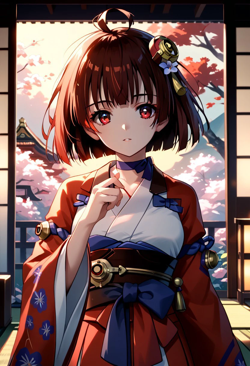 score_9,score_8_up,score_7_up,source_anime,MUMEI_(KABANERI),1girl,solo,looking at viewer,long sleeves,hair ornament,ribbon,ahoge,flower,japanese clothes,choker,hair flower,wide sleeves,kimono,sash,obi,backlighting,ribbon choker,pinwheel,