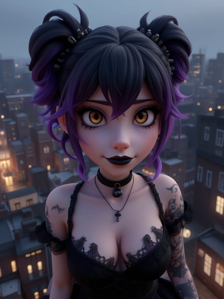 3d animation style,Goth girl with two-tone black and purple hair. Pony tail long hair. Black lace dress and black choker on her neck with bell. Blackwork tattoo on her arm and black pendant on her neck. Standing at rooftop city. Emo makeup with black lipstick. Looking at the camera. Pale skin and brown eyes. From above. (cleavage), perky tits, Photograph, realistic, higly detailed, atmospheric perspective, dim colors, Depth of field 100mm. midjourneyv6.1, detailmaximizer, Goth Girl