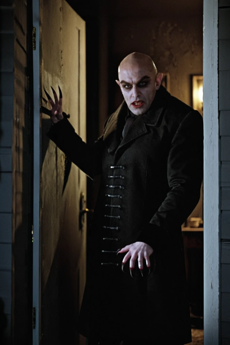 hires digital photo, photorealism, dark background, night, upper body, side view, bald h3rrz0g0rl0k, standing outside a bedroom door, sharp fangs, one hand up, coat, claws, evil, looking away, shadows, dark, contrast, dramatic lighting. <lora:Count_Orlok_XL-000019:0.8>, intricate details, high resolution,