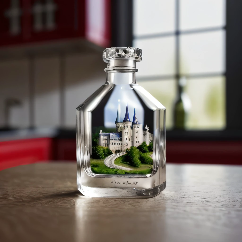 masterpiece, full scale photo, intricate photo, mysterious miniature castle in a whole lying  transparent slim glass bottle, background kitchen, hyper realistic, highly detailed, sharp focus, best quality, high resolution, 8K, glassbottle, <lora:GlassBottleNewExp01_1000steps:0.8>