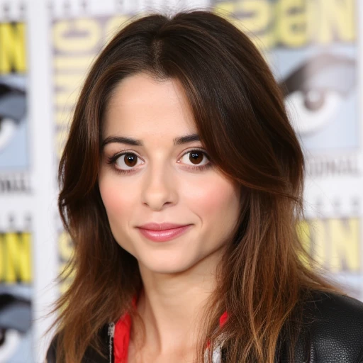 shoulder-length brown hair that cascades over her shoulders. She has a symmetrical face with a delicate, parted in the middle, styled in loose waves that fall past her shoulders. She has a light skin tone and is smiling slightly, with a hint of a smile., which includes the Comic-Con logo and the words "San Diego Comic-Con International." The woman, loose manner, accentuated by subtle makeup