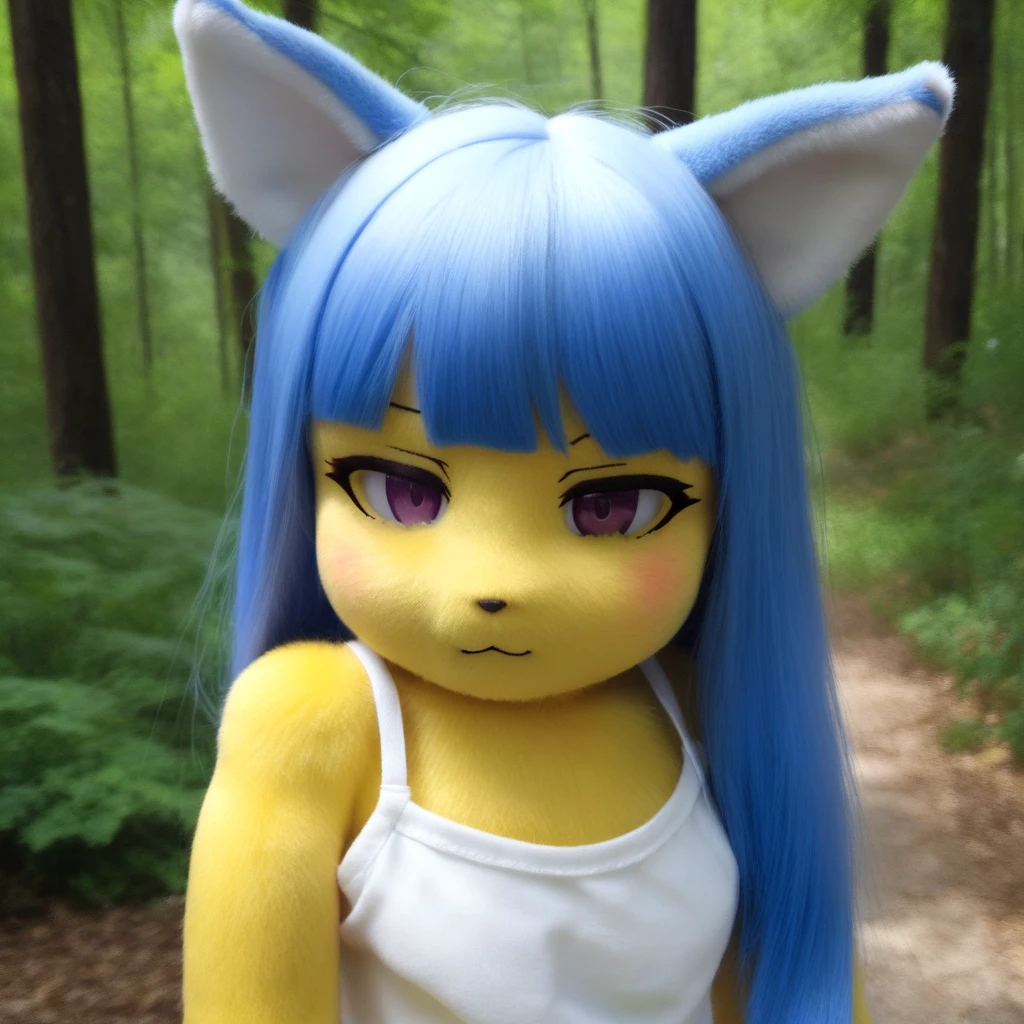 <lora:plush_SDXL:0.7>,realistic, blue hair, half-closed eyes, white camisole,  yellow skin, jitome, purple eyes, cat ears, :3, looking at viewer, no_nose, furry, outdoors, forest