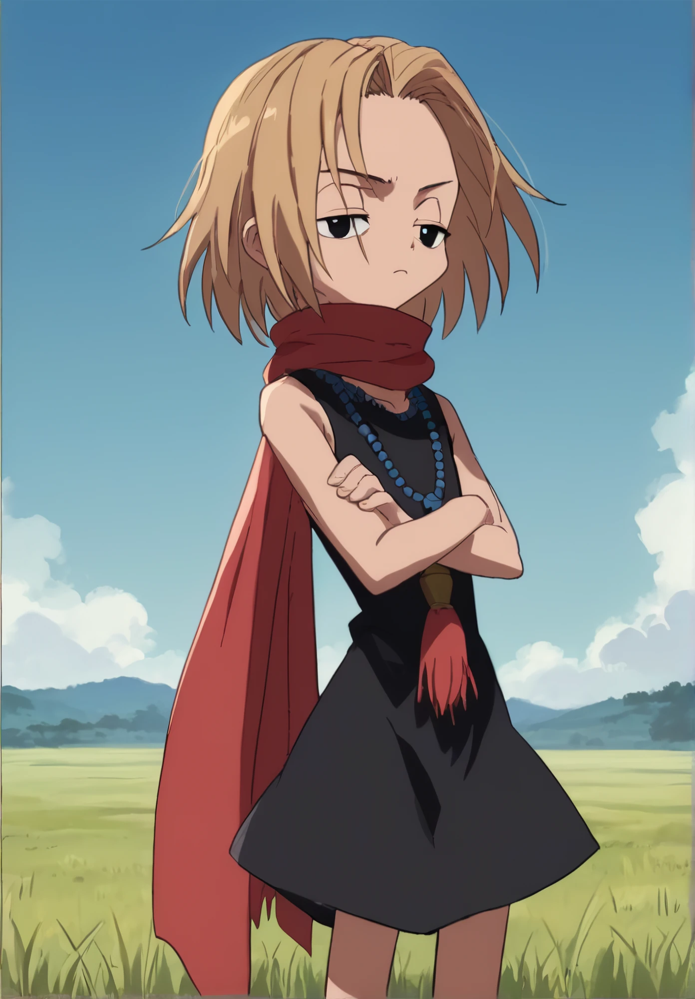 score_9, score_8_up, score_7_up, anime screenshot, best quality,
1girl,solo, 3/4 angle, standing, blue sky and open grassy field, flat chest, anna2k1, sleeveless black dress, red scarf around neck, necklace, almond-shaped eyes, black eyes,
1girl, upper legs visible, slender, frown, half-lidded eyes, arms crossed