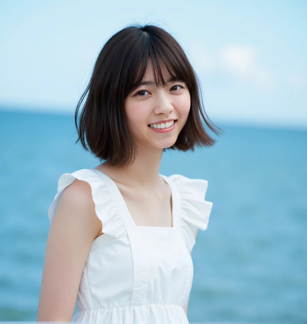 nanase,This picture shows a young woman standing by the seaside, with medium hair and bangs. The background is a blue sea and sky. The character is wearing a white dress, with hair blown by the wind, appearing very natural and relaxed. The overall color tone is fresh and bright, giving people a sense of tranquility and freedom.
From a photography perspective, this photo utilizes natural light to enhance the softness of the image. The color of the sea and sky in the background contrasts sharply with the white dress of the characters, making them the focal point of the picture.