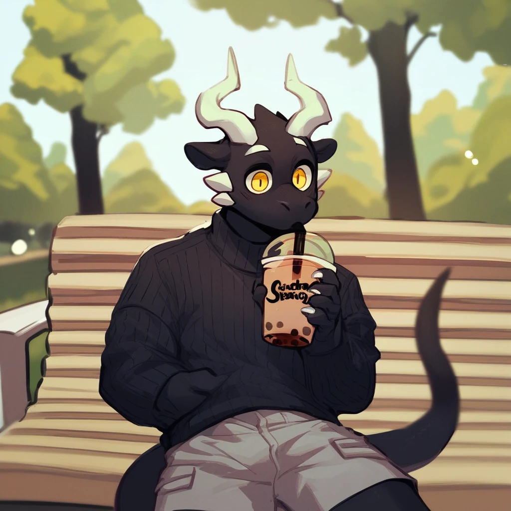 score_9_up, score_8_up, score_7_up, source_furry, mikus-style, black dragon, black body, white horns, yellow eyes, park, holding, bubble tea, black sweater, gray shorts, 1boy, solo