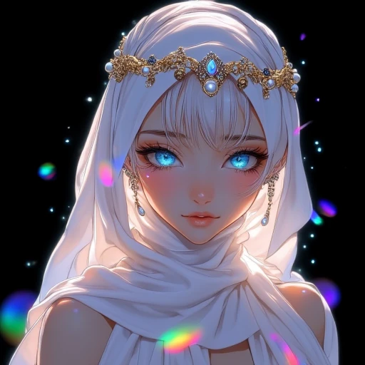 In this stunning anime illustration, a captivating Arabian girl with mesmerizing, glowing blue eyes stands at the center. Her white headscarf gracefully frames her face, accentuated by pearl earrings that gleam with soft luminescence. She wears a flowing white dress that shimmers with a gentle sheen, creating a striking contrast against the deep black background. Neon rainbow highlights dance around her, adding a vibrant, magical glow to the scene. The lighting is meticulously crafted, casting warm, ambient tones across her elegant attire while sharp focus emphasizes the intricate details of her facial features and accessories. Particles of light swirl subtly in the darkness, creating a surreal, almost ethereal atmosphere. The overall composition is balanced, with her poised stance and serene expression reflecting both beauty and mystery, making the illustration feel like a portal to a dreamlike, mystical world.