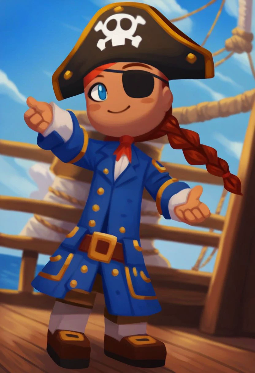 score_9_up, score_8_up, score_7_up, score_6_up, 1girl, solo, Ginny_Mysims, chibi, red hair, braided twintails, blue eyes, eyepatch, pirate hat, pirate costume, adult, (painted art), (on the deck of a pirate ship), smile