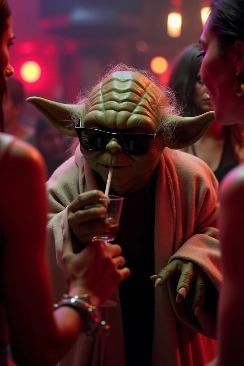 yoda wears sunglasses and having a cocktail surrounded by sexy women in a nightclub  <lora:Yoda:0.9>