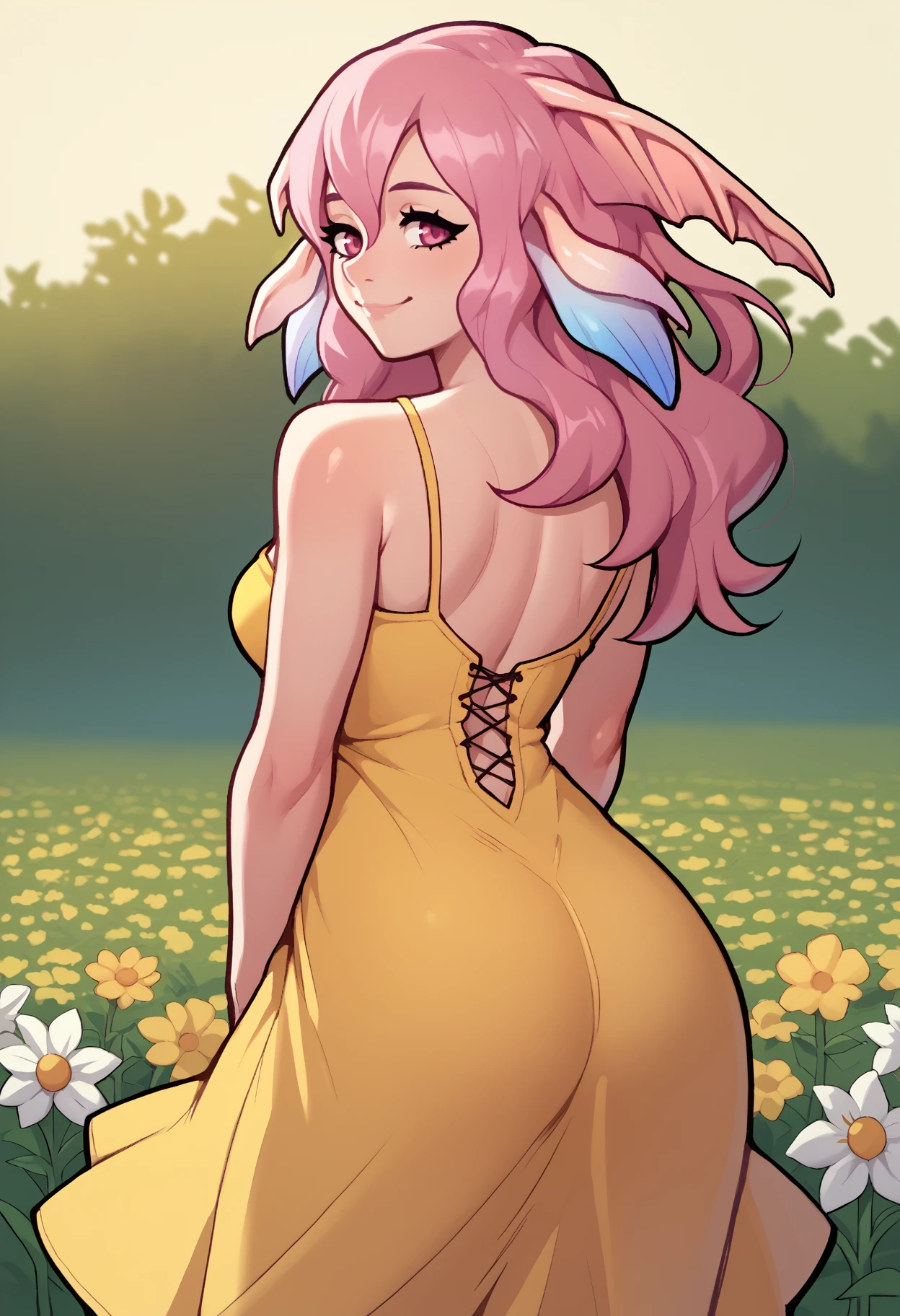 score_9, score_8_up, score_7_up, <break> from behind, solo, 1girl, rf3pia, monster girl, smile, looking back, pink hair, head fins, pink eyes, yellow sundress, bare shoulders, outdoors, flower field
<segment:yolo-face_yolov8m.pt,0.4,0.5//cid=1>