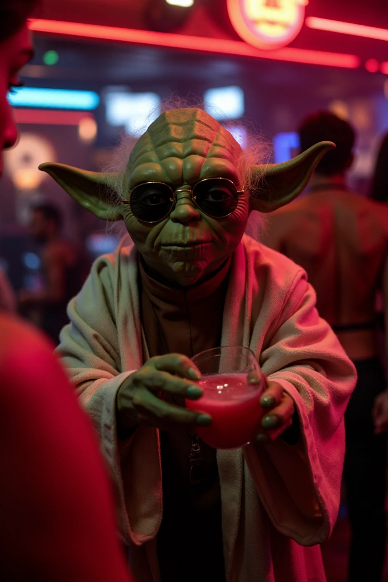 yoda wears sunglasses and having a cocktail surrounded by sexy women in a nightclub  <lora:Yoda:0.9>