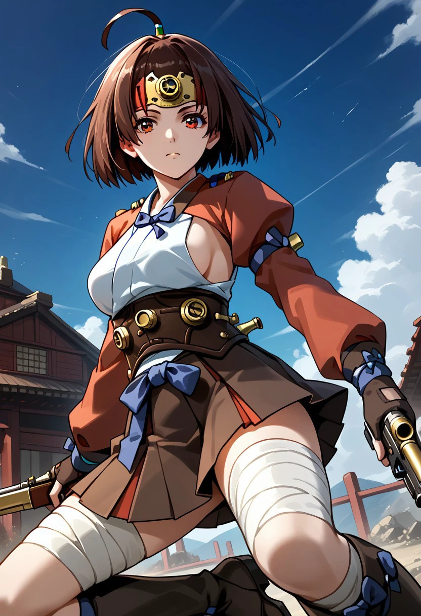score_9,score_8_up,score_7_up,source_anime,MUMEI_(KABANERI),1girl,solo,breasts,looking at viewer,skirt,long sleeves,gloves,thighhighs,holding,ribbon,medium breasts,ahoge,weapon,pleated skirt,boots,japanese clothes,miniskirt,holding weapon,gun,profile,sideboob,bandages,blue ribbon,knee boots,holding gun,hakama,corset,hakama skirt,dual wielding,shrug \(clothing\),hakama short skirt,bandaged leg,steampunk,