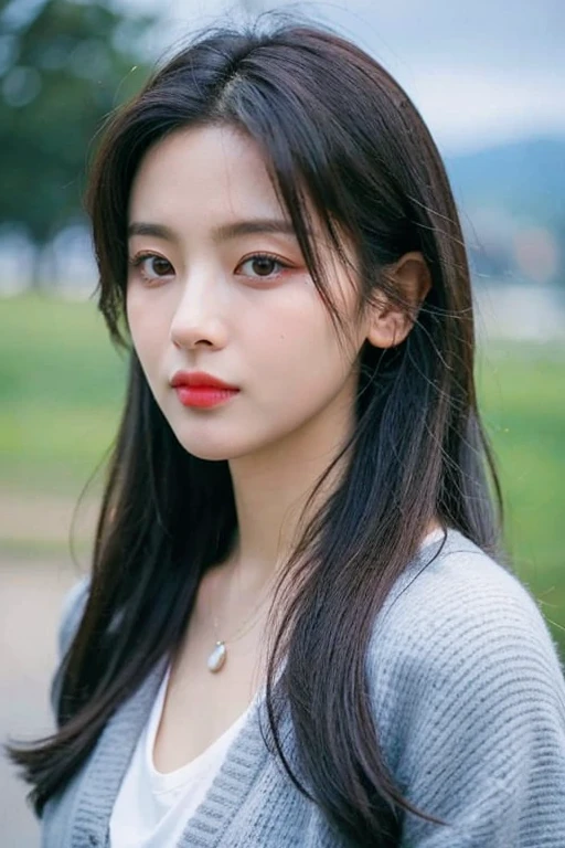 masterpiece, best quality, ultra-detailed, ultra high res, (photorealistic:1.4), raw photo, (realistic:0.2), 8k HDR, realistic lighting, 1girl, solo, (asian:0.2), asymmetrical hair, outdoor, (simple gray background:1.4), bokeh, (detailed lips), (detailed pores), (detailed skin textures), (detailed face:1.2), (upper body:1.2), a woman in a  light blue cardigan, promotional image, a character portrait,