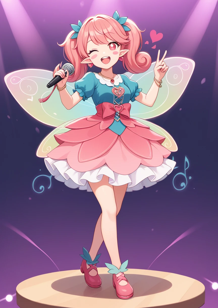 score_9, score_8_up, score_7_up, score_6_up, score_5_up, BREAK
lip, human, female,, 1girl, solo, pink hair, flower, fairy, earrings, open mouth, fairy wings, wings, jewelry, blush stickers, smile, pointy ears, heart earrings, long hair, bangs, red eyes, :d, heart, pink eyes, bright pupils, teeth, , blush, upper teeth only, twin tails, key_necklace, full body, dynamic pose, curly hair, rating_safe, tulip,
blue idol outfit, medium breasts, stage, holding microphone, standing, musical notes, winking, one eye closed