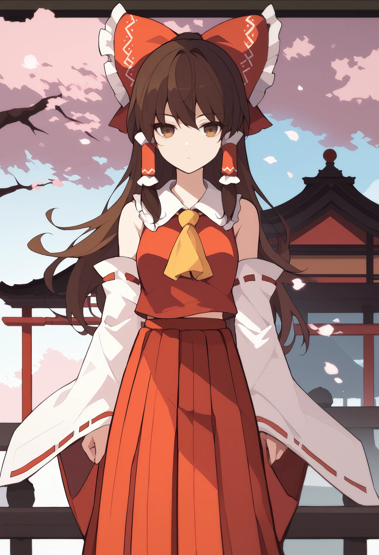 score_9, score_7_up, source_anime, <break> solo, 1girl, hakurei reimu, expressionless, looking at you, standing, brown hair, hair bow, hair tubes, brown eyes, red shirt, yellow ascot, detached sleeves, red skirt, hakama skirt, outdoors, cherry blossoms
 <segment:yolo-face_yolov8m.pt,0.4,0.5//cid=1>