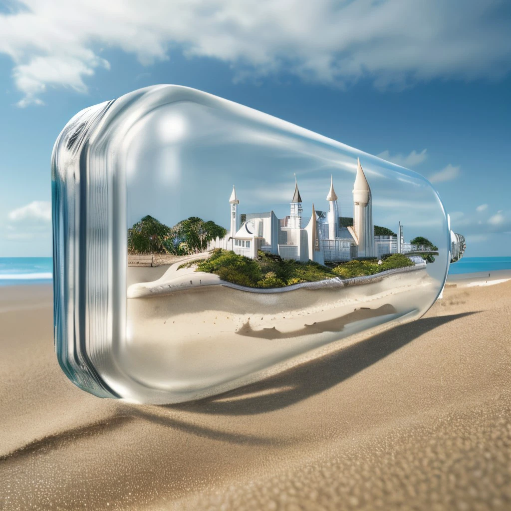 masterpiece, full scale photo, intricate photo, enchanted miniature island in a whole transparent lying slim glass bottle lying on its side in the sand, background ocean cloudy sky, hyper realistic, highly detailed, sharp focus, best quality, high resolution, 8K, glassbottle, <lora:GlassBottleNewExp01_1000steps:0.7>