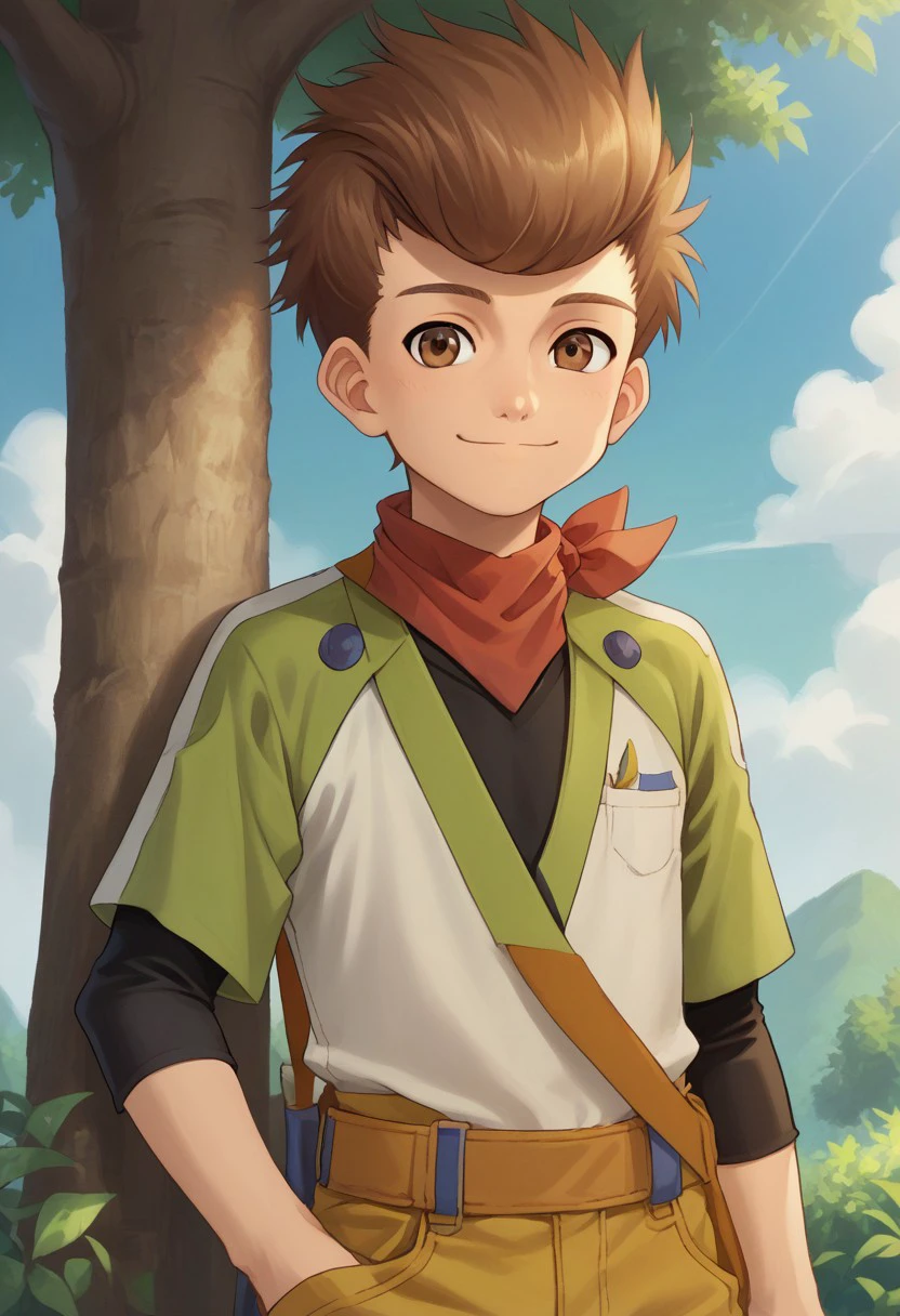 score_9, score_8_up, score_7_up, source_anime, highly detailed, 
1boy, male focus, solo, brown hair, brown eyes, neckerchief, red neckerchief, short over long sleeves, green shirt, black shirt, pants, yellow pants, upper body, smile, 
outdoor, sky, cloud, tree