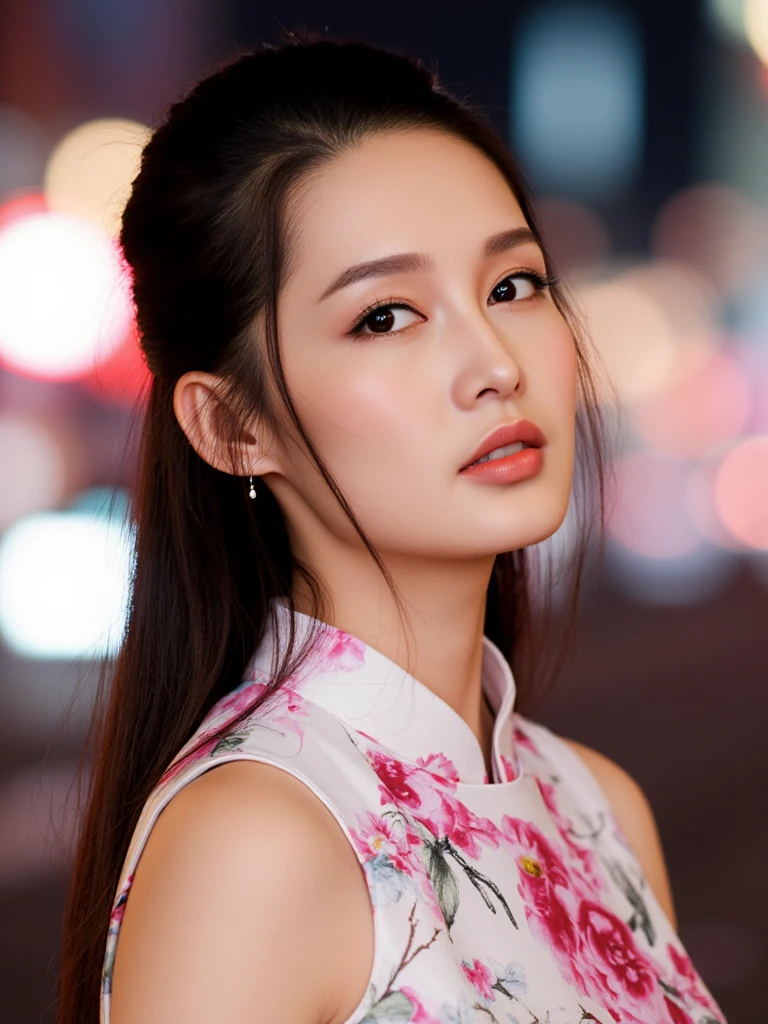 LQ,
(sleeveless chinese clothes:1.5), floral print,  depth of field, night cityscape, (1girl),   long hair, ulzzang-6500v1.1, (original), (realistic) , beautiful girl with beautiful details, extremely detailed eyes and face, eyes with beautiful details, absurd, incredibly absurd, huge file size, ultra detail, high resolution, ultra detailed, best quality, masterpiece, illustration, ultra detailed and beautiful, ultra detailed, CG, unity, 8k wallpaper, amazing, fine Detail, masterpiece, top quality, official art, extremely detailed CG unity 8k wallpaper, cinematic lighting, (perfect shiny skin), slim and smooth lines, (floating), (small breasts),  earrings , 