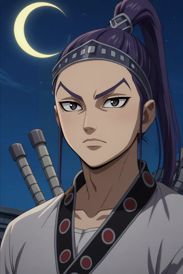 score_9, score_8_up, score_7_up, source_anime, rating_safe, , anime screencap, , , , , 1boy, solo, male focus, <lora:wang_ben_pony:0.94>, wang_ben, purple hair, black eyes, long hair, ponytail, aged down, focused, spaceship, night, crescent moon, holding weapon, heart eyes, , <lora:sdxl_lightning_8step_lora:1>