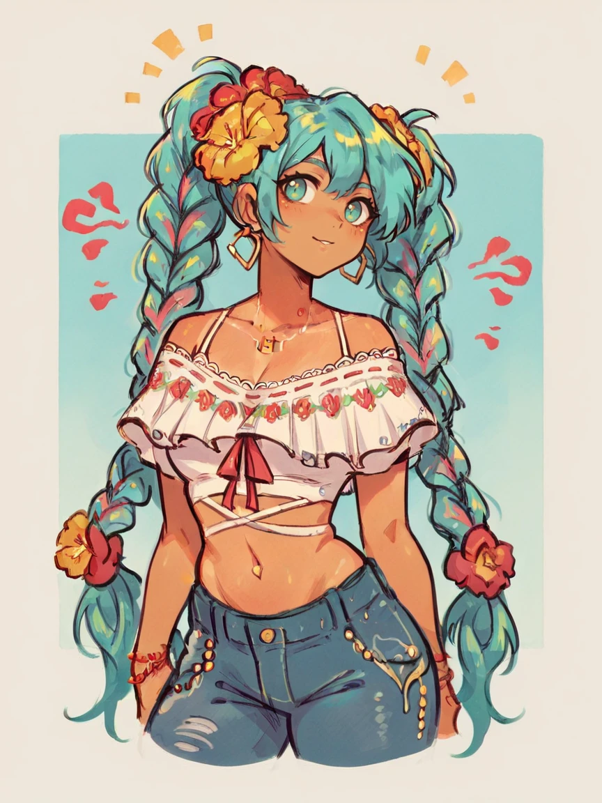 score_9, score_8_up, score_7_up, score_6_up, score_5_up,  <lora:MexicanHatsuneMikuXLP2:0.8> mexican hatsune miku, 1girl, solo, jeans, shirt, jewelry, off-shoulder shirt, twin braids, multicolored hair, tan skin, curvy, hair flower,