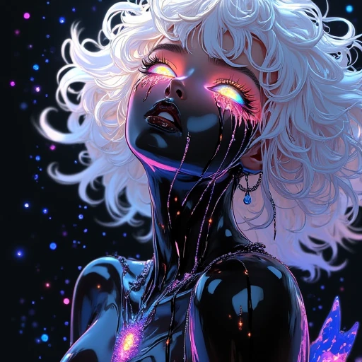 In this hyper-detailed 80s anime aesthetic, a close-up portrait reveals a stunning woman with ethereal, curly white hair cascading around her face. Her neon pastel eyes glow vividly, creating a stark contrast against the melting black marble that flows elegantly from her visage. Holographic iridescent liquid drips gracefully down her body, shimmering like liquid glass, catching and reflecting soft ambient light. The dynamic pose exudes strength and allure, with intricate details capturing every curve and fold. The background is a mesmerizing blend of dark hues with scattered neon particles, adding depth and magic to the scene. Soft, surreal lighting casts an otherworldly glow, illuminating her in warm, romantic tones. The composition is symmetrically balanced, radiating a rich, mystical energy that feels both futuristic and dreamlike. It's a breathtaking, almost scientific fusion of art and technology, where elegance and surrealism converge in a vibrant, cinematic moment.