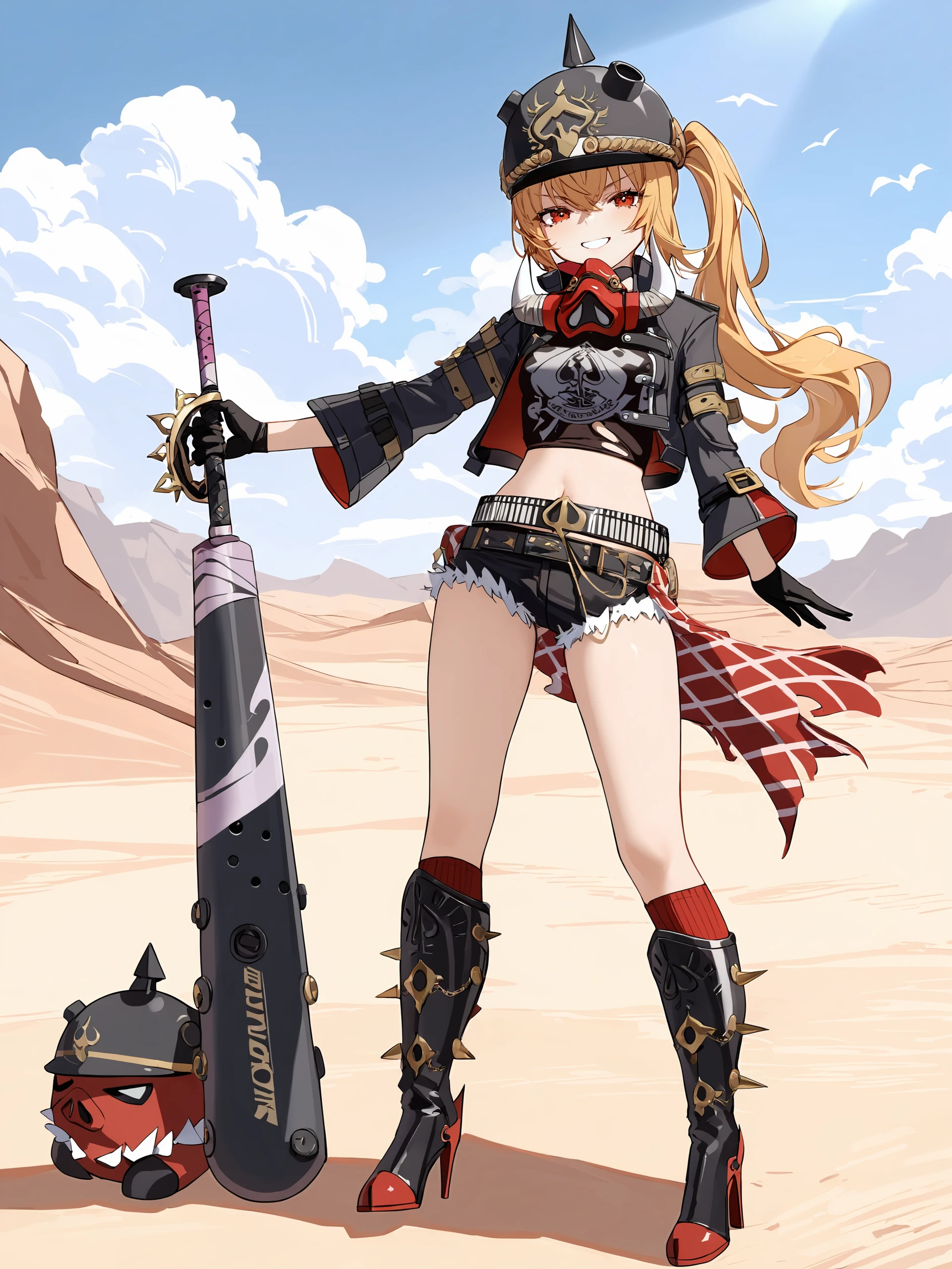 1girl, luciana de montefio, side ponytail, black helmet, cutoffs, half gloves, high belt, cropped jacket, mask around neck, black camisole, sarong, knee boots, red socks, full body, standing, grin, v-shaped eyebrows, looking at viewer, holding weapon, club \(weapon\), floating hair, outdoors, desert <lora:Char-ZZZ-Lucy-XL-V1:0.9>, illustration, incredibly absurdres, ultra detailed, masterpiece, best quality, petite, [<lora:detailed_notrigger:0.95>::0.5]