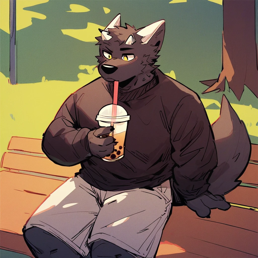 score_9_up, score_8_up, score_7_up, source_furry, mikus-style, black dragon, black body, white horns, yellow eyes, park, holding, bubble tea, black sweater, gray shorts, 1boy, solo