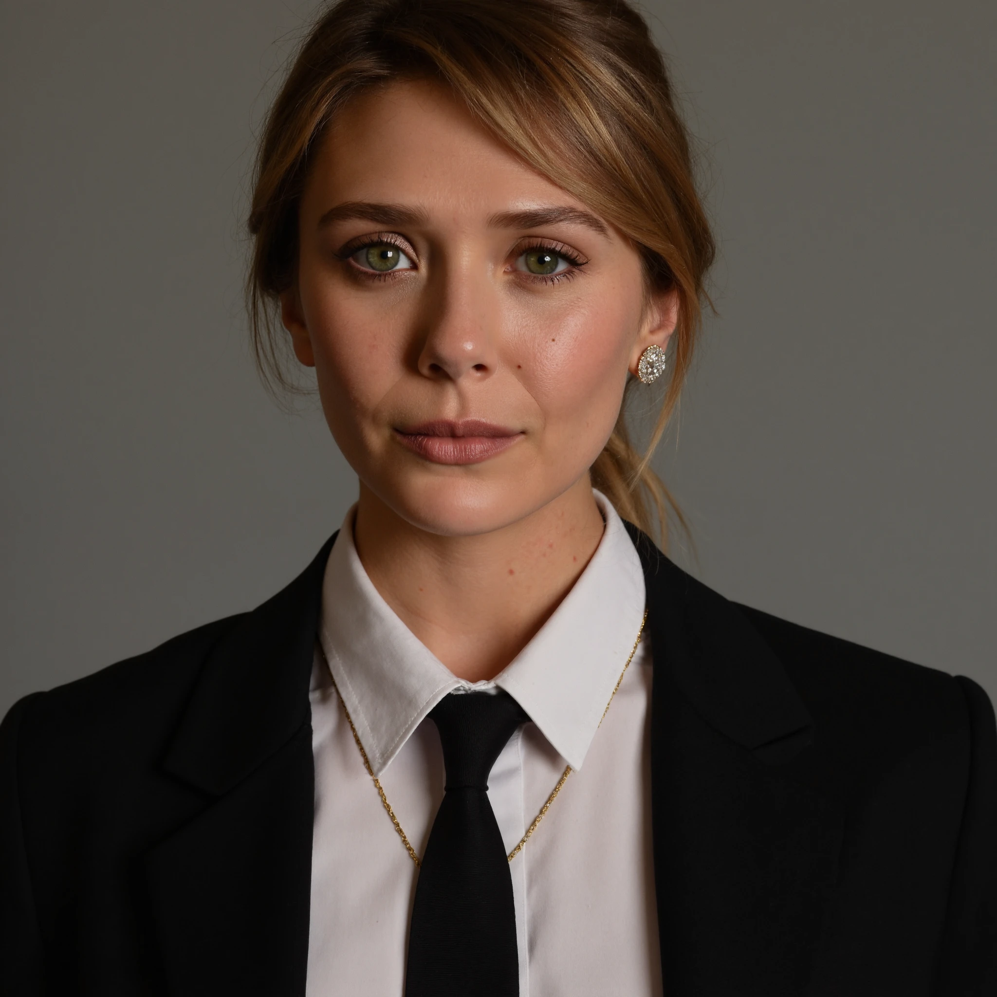 High quality passport photo of a woman wearing a suit and tie looking directly at the camera with her mouth closed and a neutral expression. She is also wearing a delicate gold chain and some understated diamond earrings.