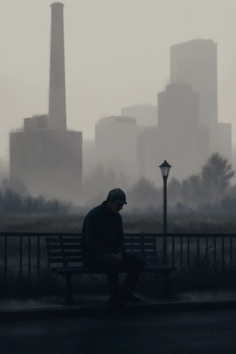 poster art, An aging factory worker sitting alone on a public bench during a foggy dawn break, surrounded by industrial decay
