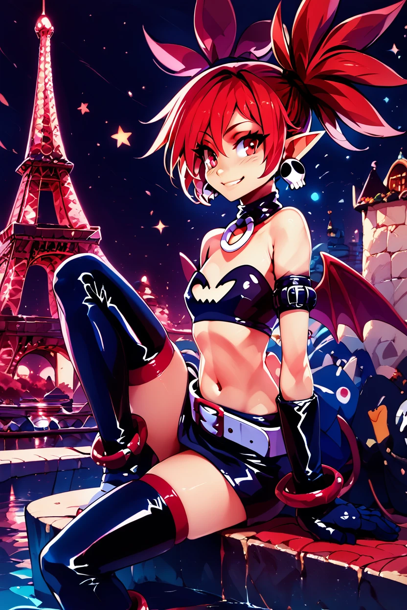 score_9, score_8_up, score_8, medium breasts, (curvy), cute, eyelashes,       BREAK, ,  zzEtna, red eyes, red hair, twintails, pointy ears, demon girl,   jewelry, earrings, choker, skull earrings, gloves, thighhighs, tail, wings, belt  <lora:Etna_Disgaea_PDXL:0.8>,  , BREAK, zzEiffelTower in background, sitting, watercraft, boat, sitting on wall, side view, looking at viewer, smile, ,,, BREAK, blooming stars, luminescent petals, otherworldly fragrance blurry background, ,,, embedding:zPDXL, Expressiveh, ,,, <lora:EiffelTowerPDXL:0.8>, <lora:CatalystStylePDXL:0.6>, <lora:SDXLFaeTastic2400:0.5>, <lora:Expressive_H-000001:0.4>,