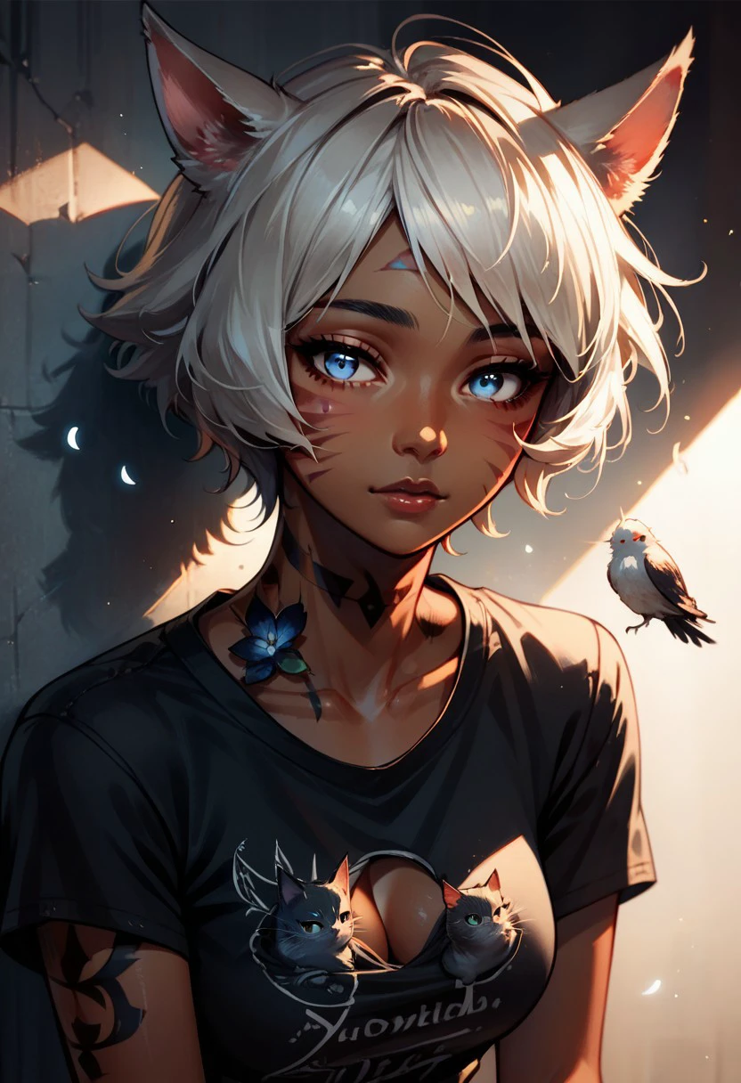 Havoc and Disorder, 1girl, solo, looking at viewer, short hair, blue eyes, animal ears, cleavage, medium breasts, upper body, flower, white hair, cat ears, dark skin, dark-skinned female, lips, grey eyes, tattoo, facial mark, feathers, t-shirt, whisker markings, miqo'te, neck tattoo, flat color, source_anime, score_9, score_8_up, score_7_up, score_6_up, score_5_up, score_4_up,