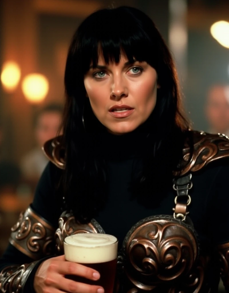 Xena is a dark hair woman with a bangs and blue eyes. She wears a turtleneck light armor. She has a beer in a tavern <lora:Xena:0.9>