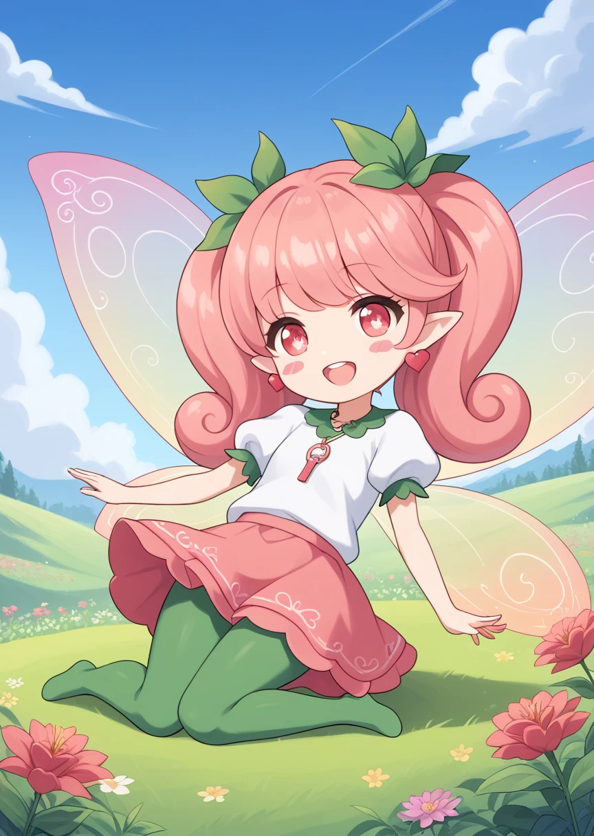 score_9, score_8_up, score_7_up, score_6_up, score_5_up, BREAK
lip, human, female,, 1girl, solo, pink hair, flower, fairy, earrings, open mouth, fairy wings, wings, jewelry, blush stickers, smile, pointy ears, heart earrings, long hair, bangs, red eyes, :d, heart, pink eyes, bright pupils, teeth, , blush, upper teeth only, twin tails, key_necklace, flower field, full body, dynamic pose, tulip, curly hair, blue sky, laying, rating_safe,
shirt, skirt, puffy sleeves, short sleeves, white shirt, puffy short sleeves, pink skirt, green leggings, chibi