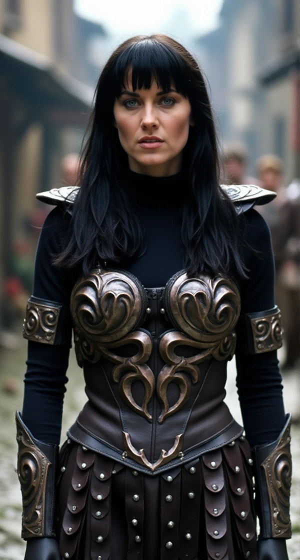 Xena is a dark hair woman with a bangs and blue eyes. She wears a turtleneck light armor. She stands in a medieval street. <lora:Xena:0.9>