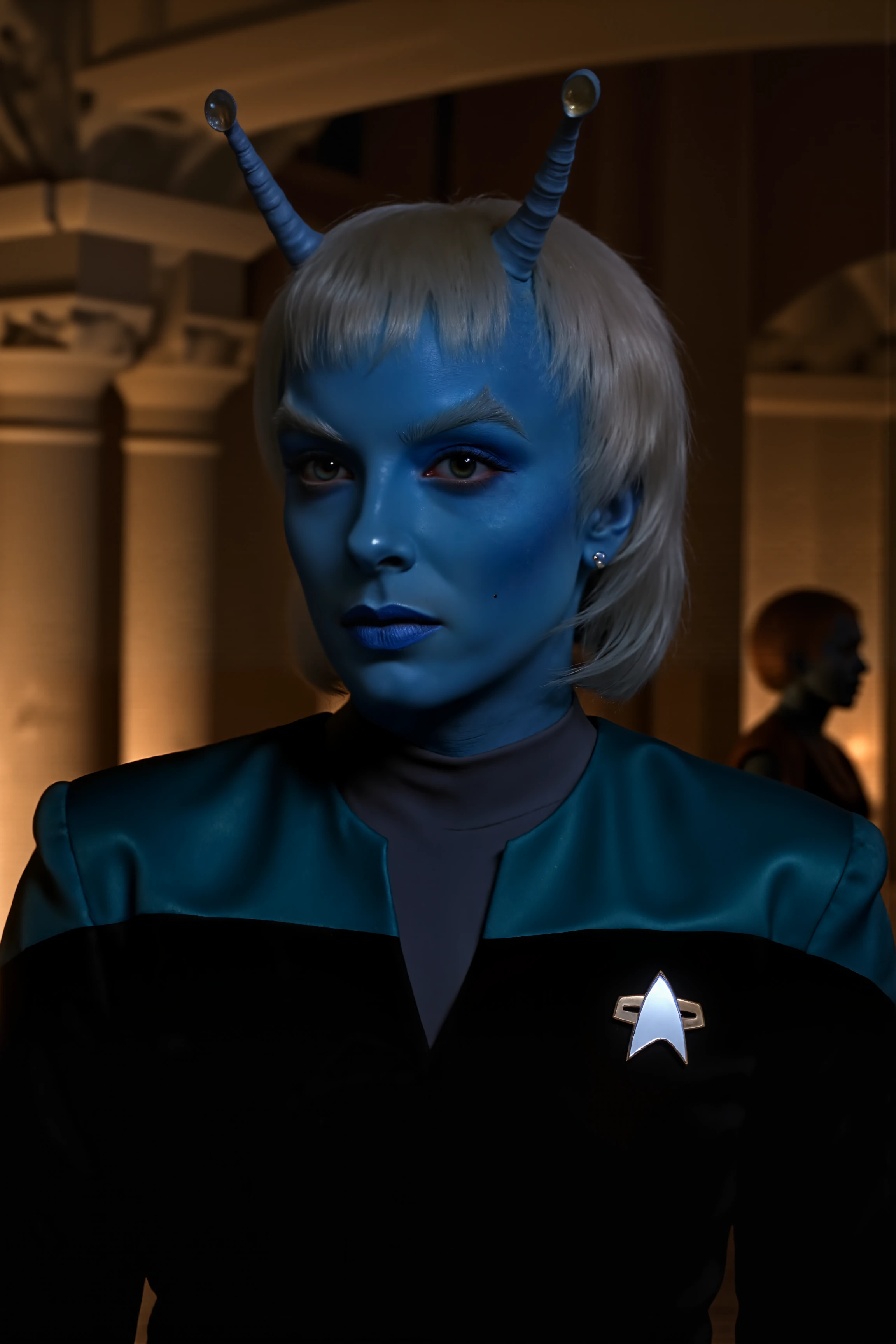 An andorian woman with blue skin and antennae with short hair stands in the ancient temple wearing black voyager uniform wiuth teal shoulders and grey undershirt (photography, high-resolution, dynamic, energetic,hyper-realistic, dramatic lighting, shallow depth of field.), detailmaximizer, MythP0rt<lora:midjourney_whisper_flux_lora_v01:0.55><lora:aidmaMJ6.1-FLUX-V0.1:0.4><lora:FluxMythP0rtr4itStyle:0.4><lora:detailed_flux_ntc:2.2><lora:aidmaImageUpgrader-FLUX-V0.1:0.65><lora:VOY_FLUX:1.1><lora:andorian_FLUX>