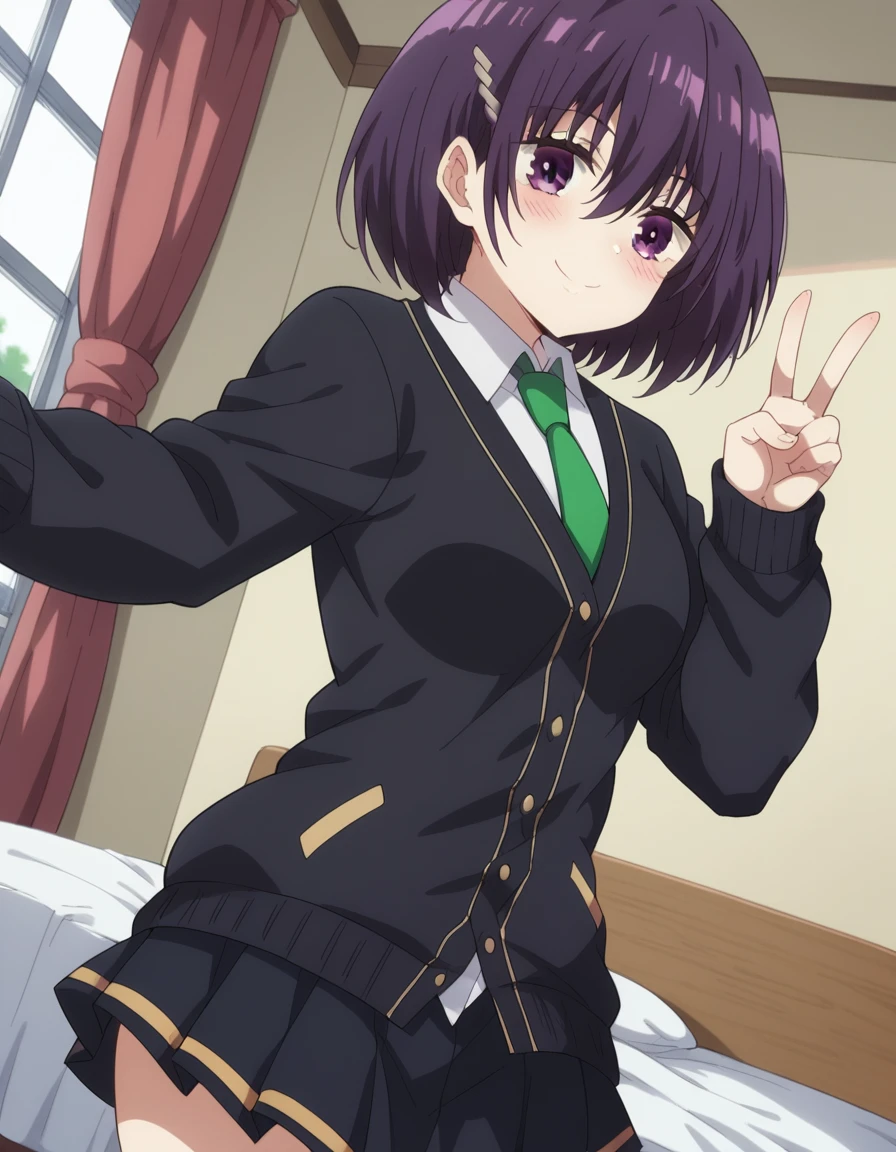 score_9, score_8_up, score_7_up, source_anime, <lora:suzu-kanade-s1-ponyxl-lora-nochekaiser:1>, suzu kanade, short hair, black hair, hair ornament, hair between eyes, purple eyes, purple hair, hairclip, medium breasts,, skirt, shirt, long sleeves, school uniform, jacket, white shirt, pleated skirt, necktie, black jacket, cardigan, green necktie, indoors, bed, bed room, on side, blush, drunk,, smile, , v,, solo,, cowboy shot, dutch angle,