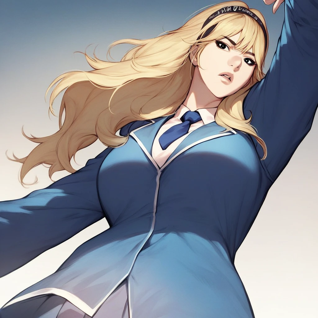 score_9, score_8_up, score_7_up, score_6_up, high quality, high res, great anatomy, good proportions, dynamic pose, 1girl, solo, marykim, blonde hair, long hair, black eyes, large breasts, black hairband, bangs, from below, blue jacket, blue necktie, white shirt, school uniform, breasts focus, looking at viewer, parted lips