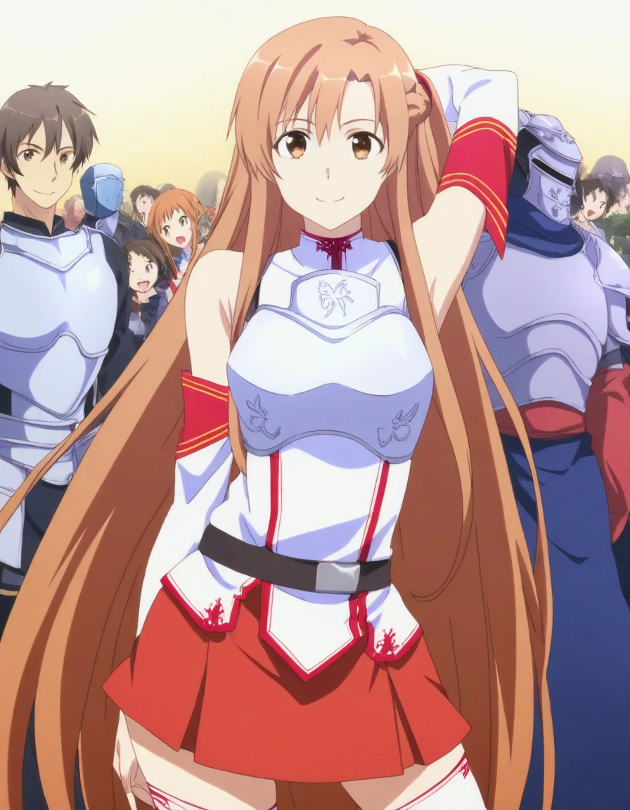 score_9, score_8_up, score_7_up, source_anime, <lora:asuna-yuuki-s1-illustrious-lora-nochekaiser:1>, asuna yuuki, long hair, brown hair, brown eyes, very long hair, medium breasts,, skirt, thighhighs, bare shoulders, detached sleeves, armor, white thighhighs, breastplate, red skirt,, street market, vendor, street food, bustling crowd, local flavor, vibrant, smile, looking at viewer, hand behind head, , solo,, cowboy shot, dutch angle