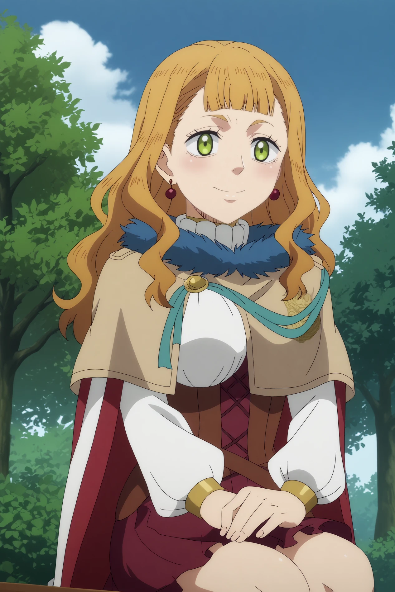  mimosa vermillion,1girl,solo,smile,earrings,jewelry,long hair,smile,bangs,fur trim,capelet,long sleeves,blunt bangs, BREAK outdoors,forest,tree,blue sky  Sitting on a stool with legs crossed and leaning forward,  <lora:mimosa_vermillion_-_Black_Clover.safetensors:0.8>