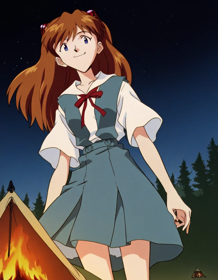 , <lora:asuka-langley-soryuu-classic-illustrious-lora-nochekaiser:1>, asuka langley soryu, long hair, bangs, blue eyes, brown hair, hair ornament,, school uniform, tokyo-3 middle school uniform,, camping, bonfire, tent, stargazing, marshmallows, forest clearing, night, smile, , from below, solo,, cowboy shot, dutch angle