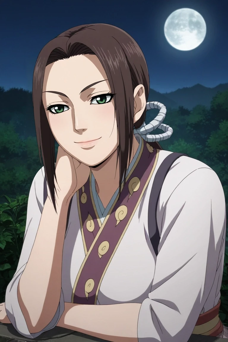 score_9, score_8_up, score_7_up, source_anime, rating_safe, intricate details, (3d:0.4), , , 1girl, solo, <lora:kaine_kingdom_pony:0.78>, kaine_kingdom, brown hair, green eyes, long hair, low ponytail, upper body, hill, greenery, night, full moon, breast rest, half-closed eyes, smile, , <lora:sdxl_lightning_8step_lora:1>