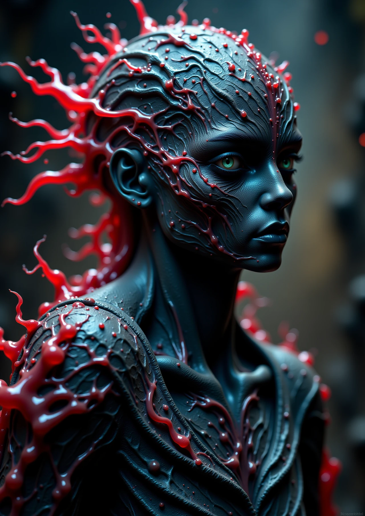 This is a highly detailed CGI-rendered image of a surreal glitch figure in a dark fantasy style. Its skin appears to shimmer and glitch between various dark hues, revealing glimpses of a shadowy, otherworldly essence underneath. The background is a chaotic blend of dark colors and swirling patterns, enhancing the eerie and disorienting atmosphere.