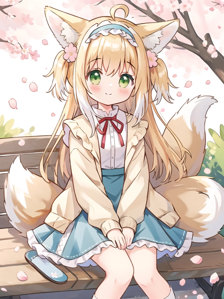 1girl,animal ears,solo,blonde hair,tail,green eyes,skirt,fox ears,long hair,shirt,fox girl,fox tail,white shirt,smile,open clothes,blue skirt,frills,suzuran (arknights),looking at viewer,animal ear fluff,long sleeves,multicolored hair,frilled hairband,hairband,blush,outdoors,red ribbon,open cardigan,closed mouth,white hair,sitting,ahoge,cardigan,ribbon,two side up,neck ribbon,bangs,petals,open jacket,jacket,frilled skirt,bench,cherry blossoms,flower,tree,official alternate costume,pink flower,two-tone hair,blue hairband,yellow cardigan,cyan skirt,<lora:linglan-lora-10.3-version2:0.5>,
