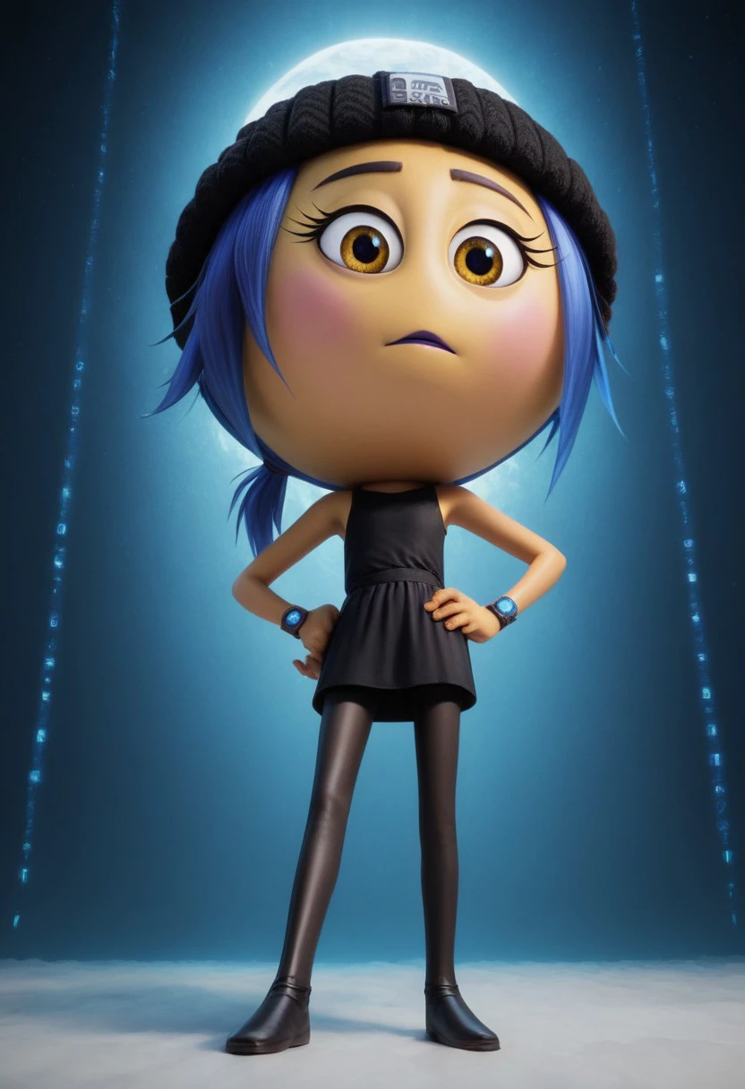 jailbreak, 1girl, yellow emoji, blue hair, ponytail, yellow sunshine eyes, pink cheeks, purple lipstick, round head, big head, chibi, no neck, black beanie with a skeleton on it, black code breaker watch with blue light, short black dress, black skinny tights, score_8_up, score_7_up, BREAK, 1girl, solo, looking at viewer, cute, from below, hands on hips, head tilt, female focus, looking at viewer, detailed background, 4k, masterpiece, best quality, highly detailed, realistic, low-angle shot, realistic, 3d