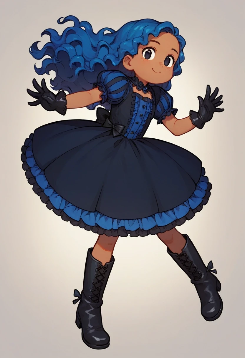 melissa_tdm, 1girl, long hair, gloves, dress, blue hair, black eyes, short sleeves, frills, boots, black gloves, puffy sleeves, black footwear, black dress, puffy short sleeves, semi dark skin