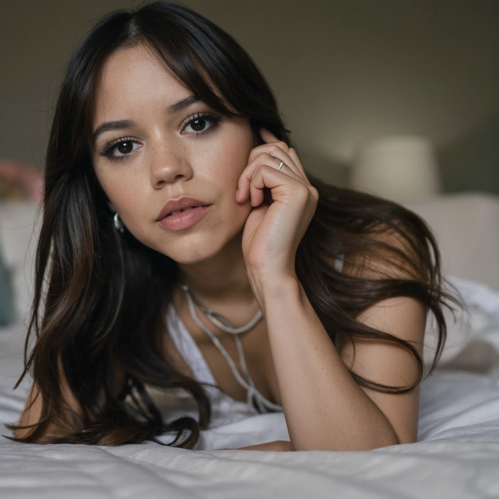 A close-up portrait of jenna_ortega lying on a bed. She has long, dark hair and wears a white lace-up top. Her makeup is subtle, emphasizing her eyes and lips. The background is blurred, focusing attention on the subject. The color palette is soft and muted, with the woman's skin and hair contrasting against the neutral background.