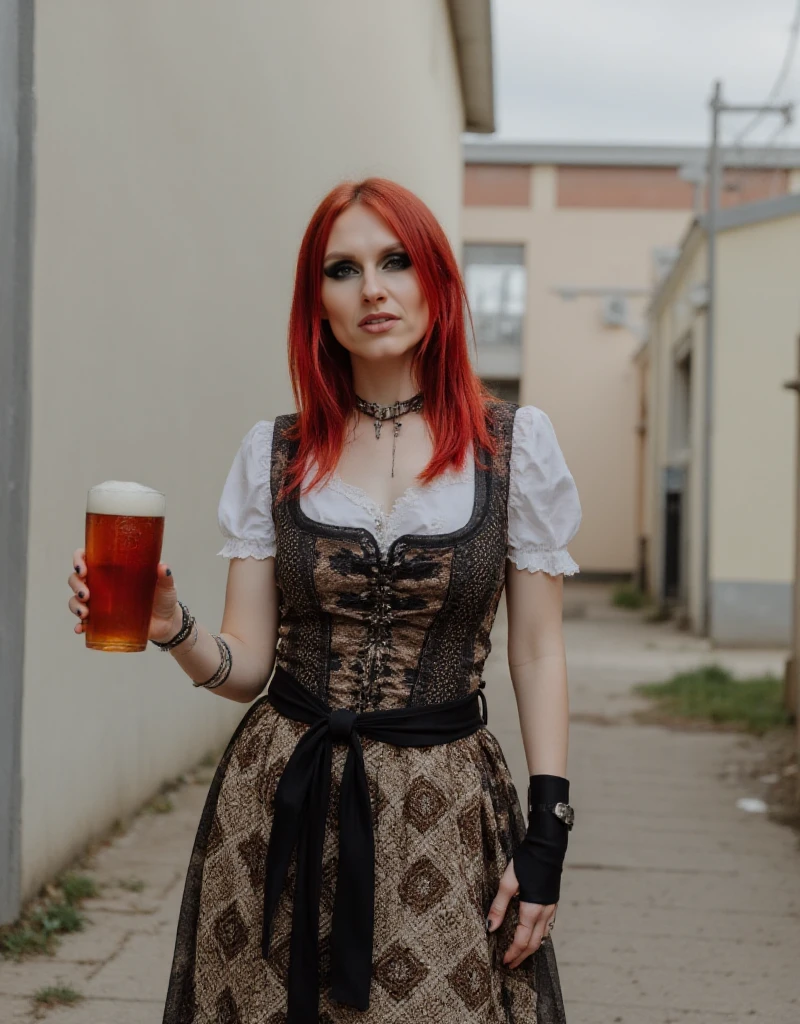 Fabienne Erni with red hair, A contemporary fashion model wearing a modernized dirndl with bold patterns and accessories, standing in a minimalist, urban setting . She is holding a pint of beer<lora:Fabienne_Erni:0.9>