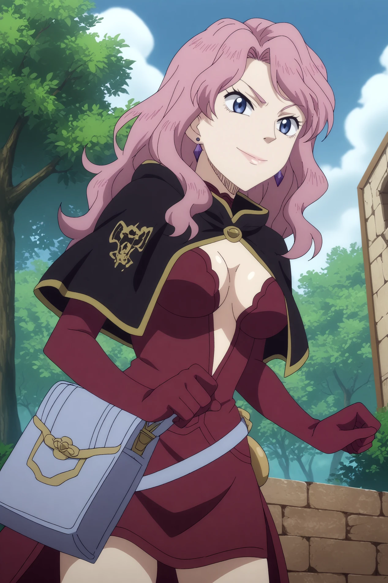  vanessa enoteca,1girl,solo,gloves,earrings,jewelry,long hair,purple eyes,smile,medium breasts,capelet BREAK outdoors,forest,ruins,village,blue sky  Lifting one leg while balancing on the other,  <lora:Vanessa_Enoteca_-_Black_Clover.safetensors:0.8>