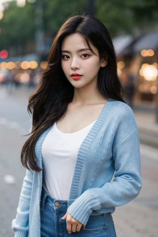 masterpiece, best quality, ultra-detailed, ultra high res, (photorealistic:1.4), raw photo, (realistic:0.2), 8k HDR, realistic lighting, 1girl, solo, (asian:0.2), asymmetrical hair, outdoor, (simple background:1.4), bokeh, (detailed lips), (detailed pores), (detailed skin textures), (detailed face:1.2), (full body:1.2), a woman in a  light blue cardigan, promotional image, dark blue jeans, a character portrait, (thigh gap:1,2),